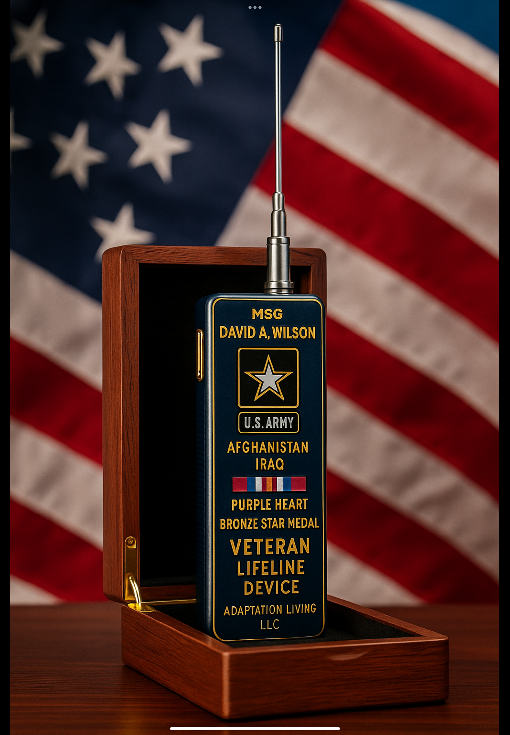 LS-2025 device engraved for MSG David A. Wilson, U.S. Army, presented in a polished wooden box