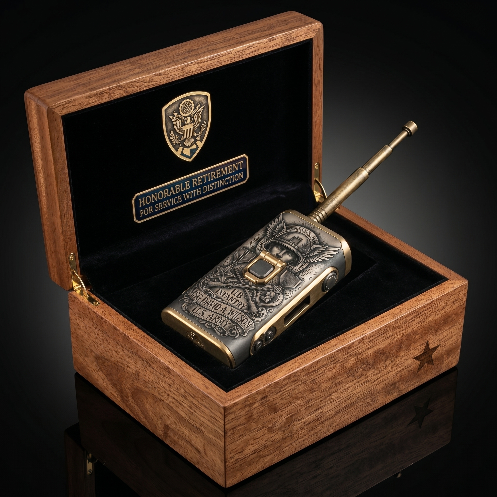 Army LS-2025 device presented in an honor box reading Honorable Retirement, For Service With Distinction
