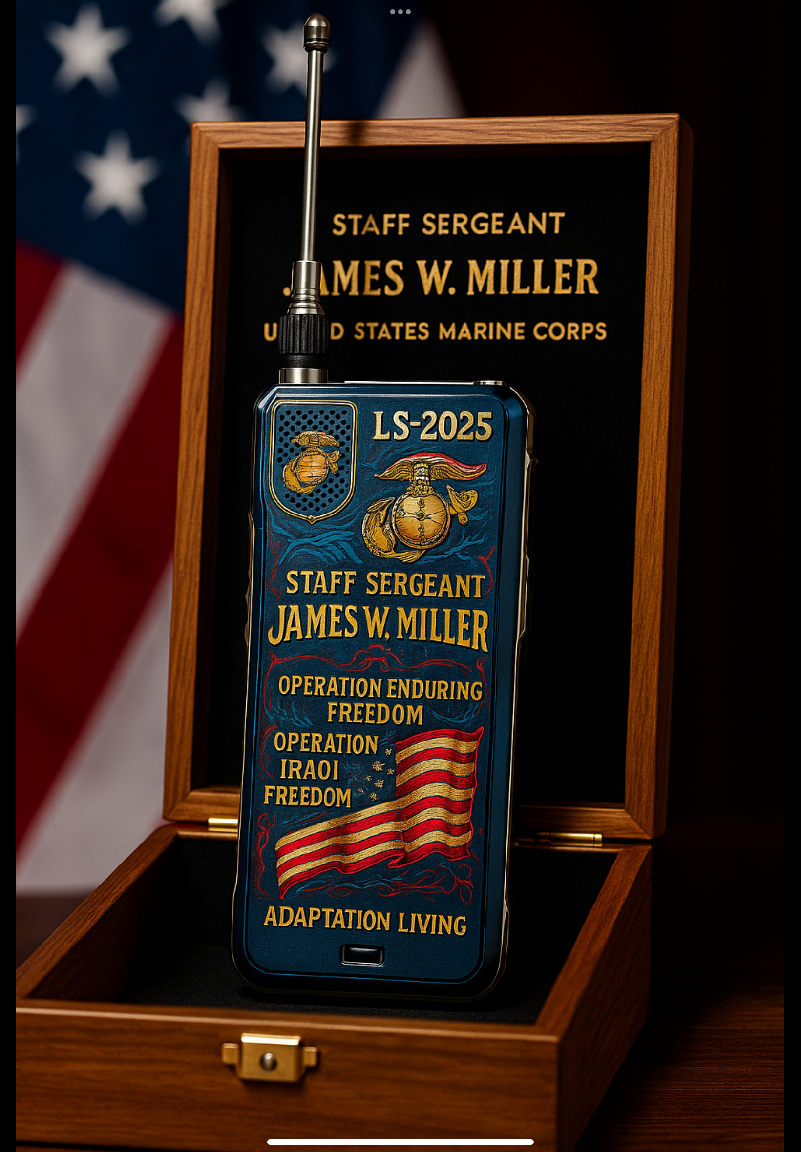 LS-2025 device for Staff Sergeant James W. Miller, U.S. Marine Corps, standing antenna-up before an American flag