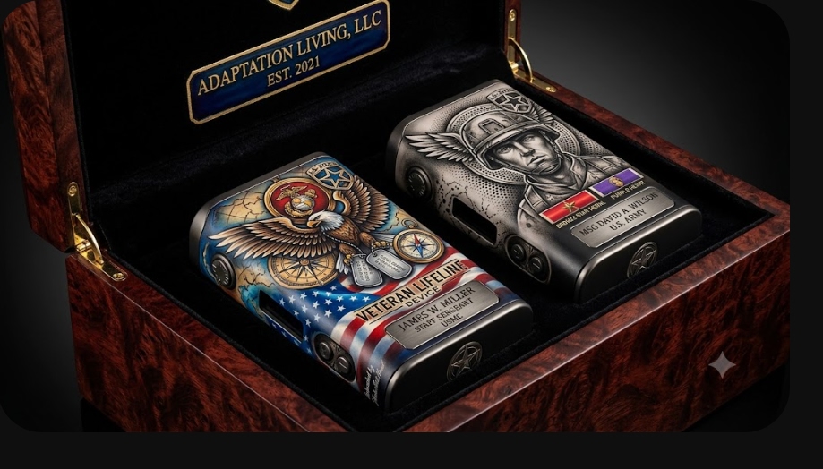 Two LS-2025 Veteran Lifeline devices, Marine Corps and Army, in a polished burlwood presentation box